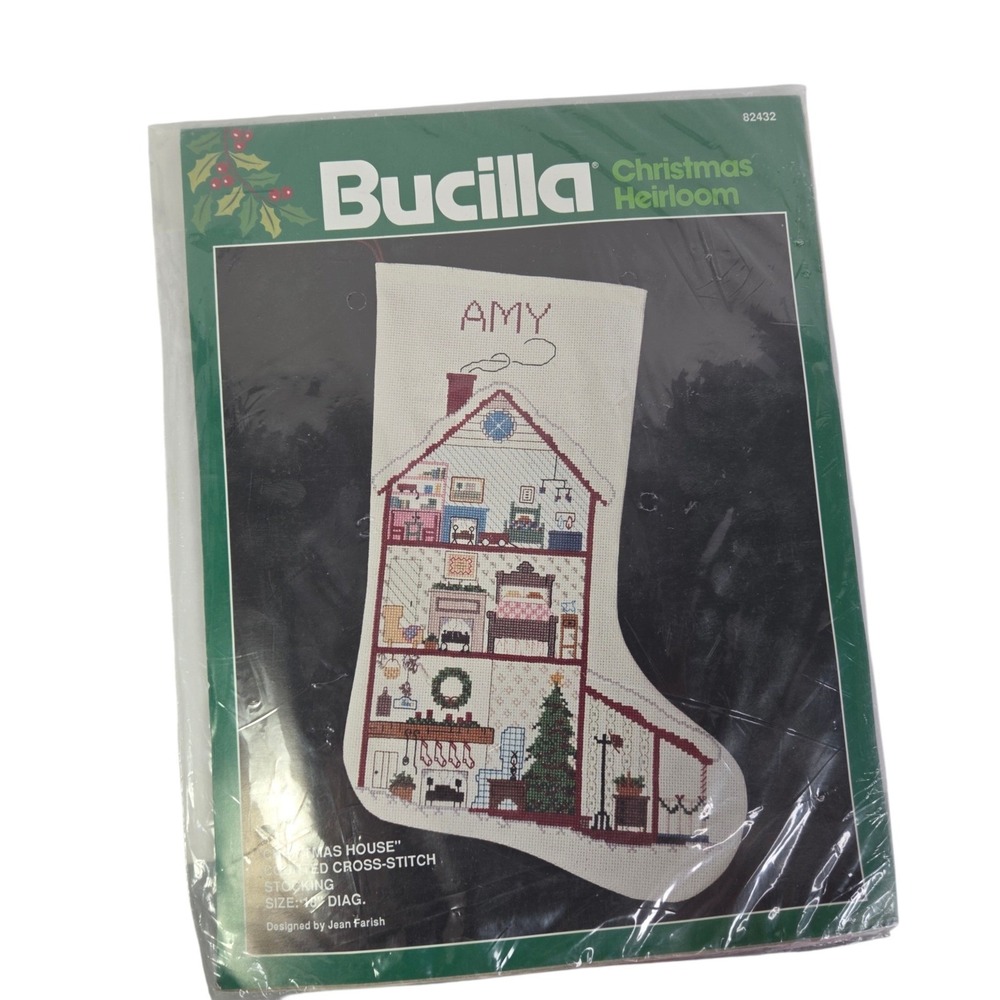 Bucilla Christmas House Counted Cross Stitch Stocking Kit 82432 18" Jean Farish